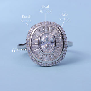 Oval Cut Halo Bezel Set Moissanite Engagement Ring with centre stone measurement details