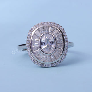 Oval Cut Halo Bezel Set Moissanite Engagement Ring front view with upright centre stone