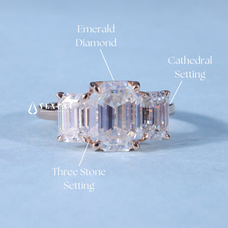 Emerald Cut 3 Stone Moissanite Engagement Ring with Pave setting and band details
