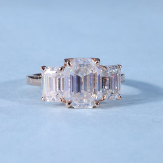 Emerald Cut 3 Stone Moissanite Engagement Ring with Pave front view