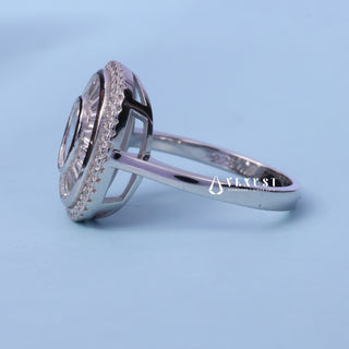 Front standing view of the Oval Cut Halo Bezel Set Moissanite Engagement Ring showing the prong setting