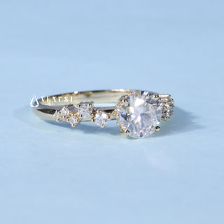 Stunning 1.0ct round cluster moissanite ring angled view showing its sparkle