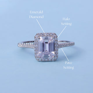 Halo Pave Moissanite Emerald Cut Ring with centre stone measurement details