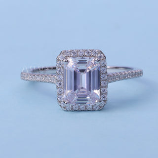 Halo Pave Moissanite Emerald Cut Ring front view with upright centre stone