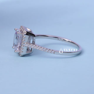 Angled view of the Halo Pave Moissanite Emerald Cut Ring band and setting