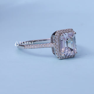Top view of the Halo Pave Moissanite Emerald Cut Ring centre stone