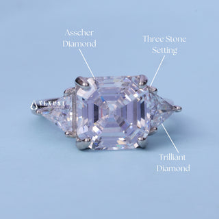 Three Stone Moissanite Asscher Cut Engagement Ring with centre stone measurement details