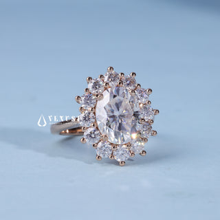 Classic 2.0ct oval halo moissanite ring angled view showing its sparkle