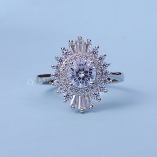 Halo Cluster Round Brilliant Moissanite Engagement Ring front view with upright centre stone