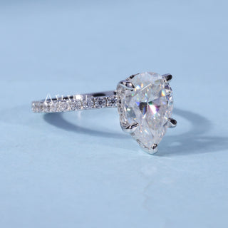 1.0CT Pear Cut Moissanite Diamond Hidden Halo Pave Engagement Ring
