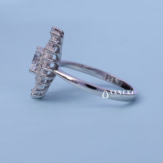 Angled view of the Halo Cluster Round Brilliant Moissanite Engagement Ring band and setting