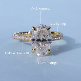 Timeless 1.50ct oval hidden halo moissanite ring shown on a finger