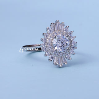 Front standing view of the Halo Cluster Round Brilliant Moissanite Engagement Ring showing the prong setting