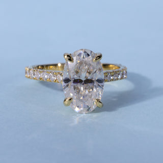 Timeless 1.50ct oval hidden halo moissanite ring front view