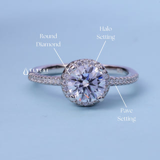 Halo Pave Round Cut Moissanite Engagement Ring with centre stone measurement details