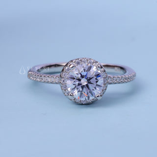 Halo Pave Round Cut Moissanite Engagement Ring front view with upright centre stone