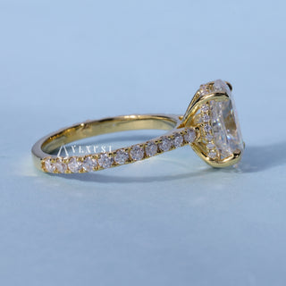 Timeless 1.50ct oval hidden halo moissanite ring side profile view
