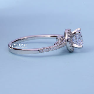 Angled view of the Halo Pave Round Cut Moissanite Engagement Ring band and setting
