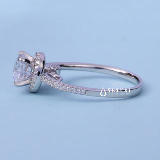 Front standing view of the Halo Pave Round Cut Moissanite Engagement Ring showing the prong setting