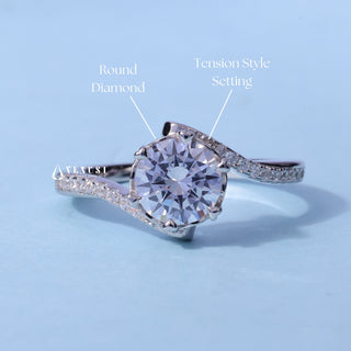 Tension Pave Round Cut Moissanite Engagement Ring with centre stone measurement details