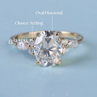Sparkling 1.50ct oval cluster moissanite ring overhead view