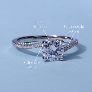 Petite Tension Pave Round Cut Moissanite Ring with centre stone measurement details