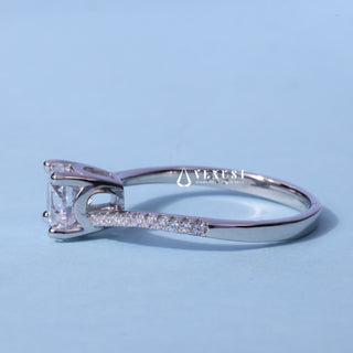 Angled view of the Petite Tension Pave Round Cut Moissanite Ring band and setting