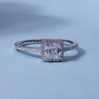 Sparkling Halo Pave Asscher Cut Moissanite Ring front view with upright centre stone