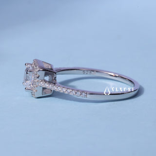 Front standing view of the Sparkling Halo Pave Asscher Cut Moissanite Ring showing the prong setting