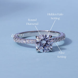 Round Cut Moissanite Pave Hidden Halo Engagement Ring with centre stone measurement details