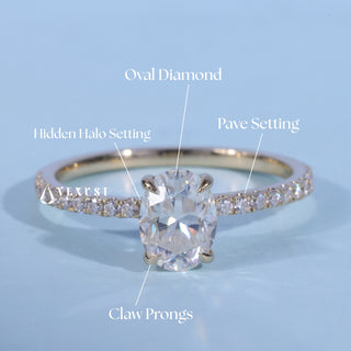Pave Oval Cut Moissanite Engagement Ring with centre stone measurement details