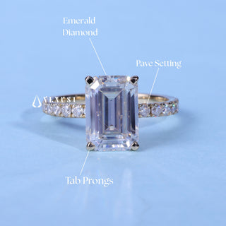 Emerald Cut Pave Engagement Ring with Moissanite Center setting and band details
