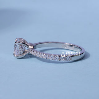 Angled view of the Round Cut Moissanite Pave Hidden Halo Engagement Ring band and setting