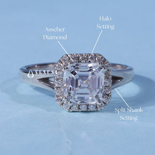 Asscher Halo Moissanite Split Shank Engagement Ring with centre stone measurement details
