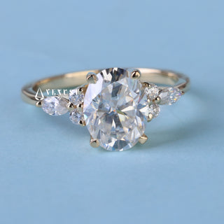 Sparkling 1.50ct oval cluster moissanite ring angled view showing its sparkle