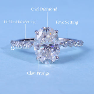 Gorgeous 2.0ct oval hidden halo moissanite ring close up of the setting