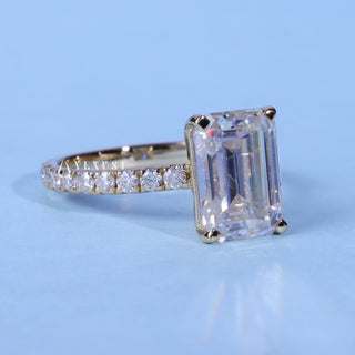 Side profile of Emerald Cut Pave Engagement Ring with Moissanite Center