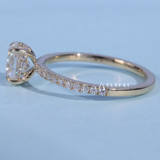 Angled view of the Pave Oval Cut Moissanite Engagement Ring band and setting