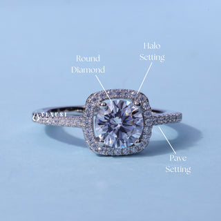 Halo Pave Round Brilliant Moissanite Ring with centre stone measurement details