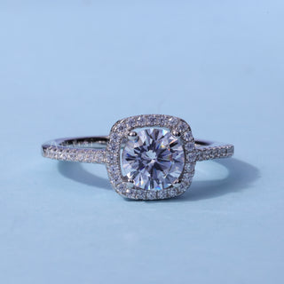Halo Pave Round Brilliant Moissanite Ring front view with upright centre stone