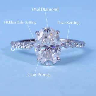 Oval Cut Hidden Halo Moissanite Engagement Ring with Pave setting and band details