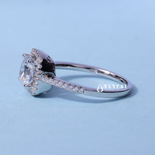 Angled view of the Halo Pave Round Brilliant Moissanite Ring band and setting