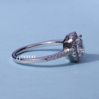 Front standing view of the Halo Pave Round Brilliant Moissanite Ring showing the prong setting