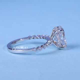 Side profile of Oval Cut Hidden Halo Moissanite Engagement Ring with Pave