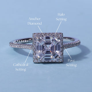 Halo Pave Moissanite Asscher Cut Ring with centre stone measurement details