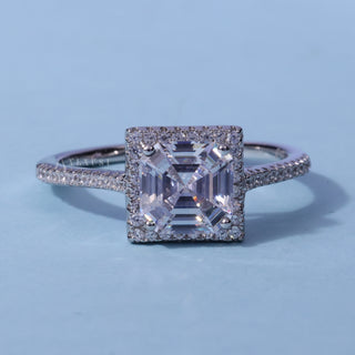 Halo Pave Moissanite Asscher Cut Ring front view with upright centre stone