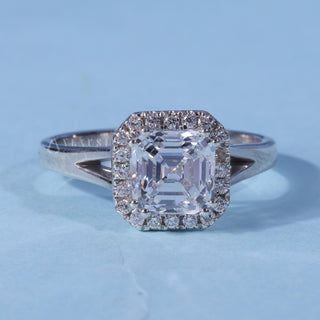 Asscher Halo Moissanite Split Shank Engagement Ring front view with upright centre stone