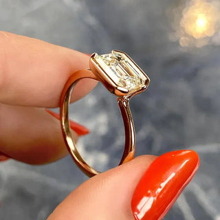 Classic 1.91ct emerald solitaire moissanite ring side profile view