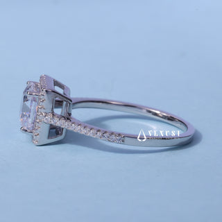 Angled view of the Halo Pave Moissanite Asscher Cut Ring band and setting