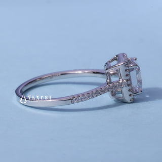 Front standing view of the Halo Pave Moissanite Asscher Cut Ring showing the prong setting